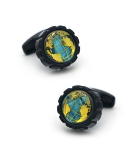 Gemelos de camisa del mapa del mundo en dorado y fondo azul nacarado - 17mm