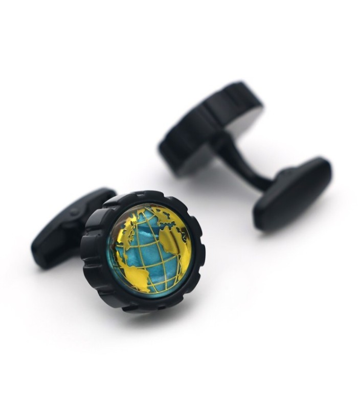 Gemelos de camisa del mapa del mundo en dorado y fondo azul nacarado - 17mm