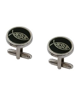 Gemelos para camisa Ichtus Pez Cristiano Rounded Acero y Negro