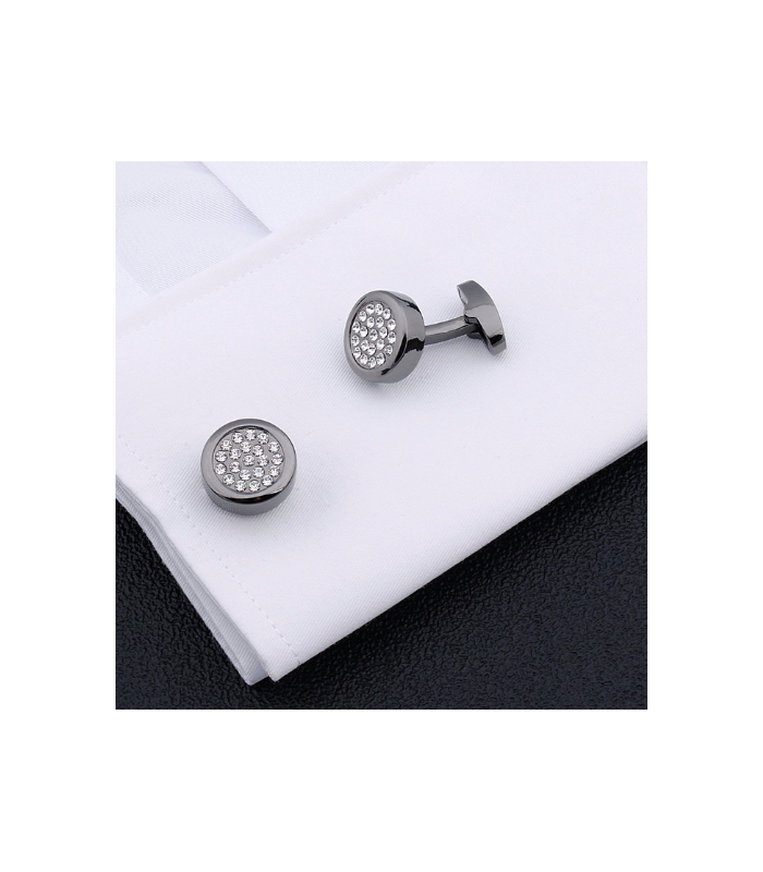 Gemelos para camisa Rounded Black Steel and White Crystal Cuff