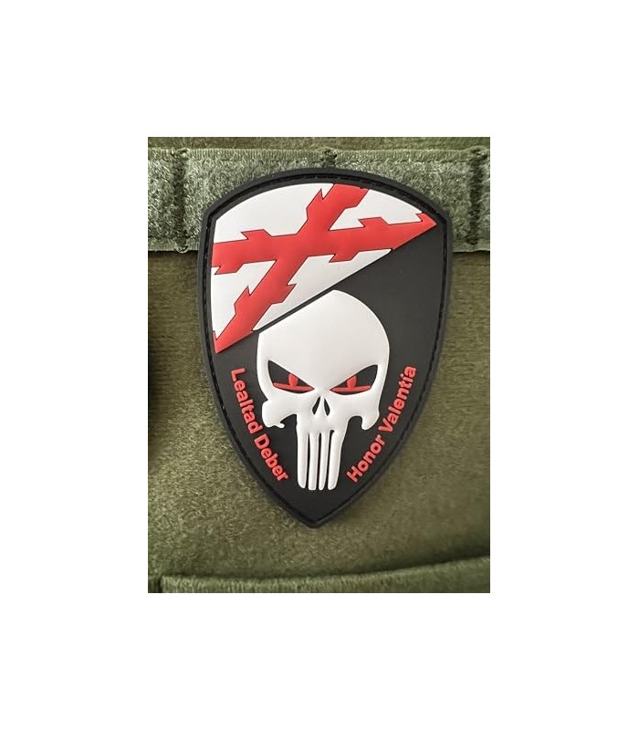 Parche punisher Cruz de Borgoña Goma PVC Hook and loop 9,5 x 6.5 cm Honor, Valentia Lealtad y Deber