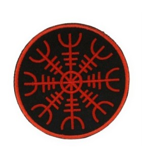Parche Termoadhesivo Símbolo de Protección Vikingo Aegishjalmur Rojo y Negro 9 Cm