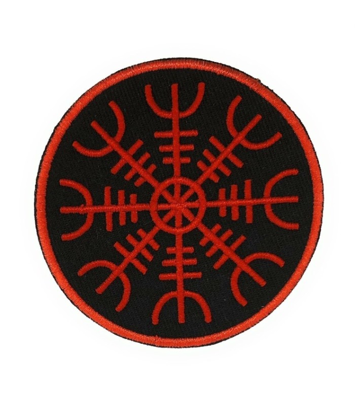 Parche Termoadhesivo Símbolo de Protección Vikingo Aegishjalmur Rojo y Negro 9 Cm