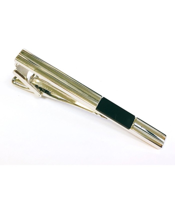 Pasador de Corbata Silver Tie Clip with Groove and Black Insert