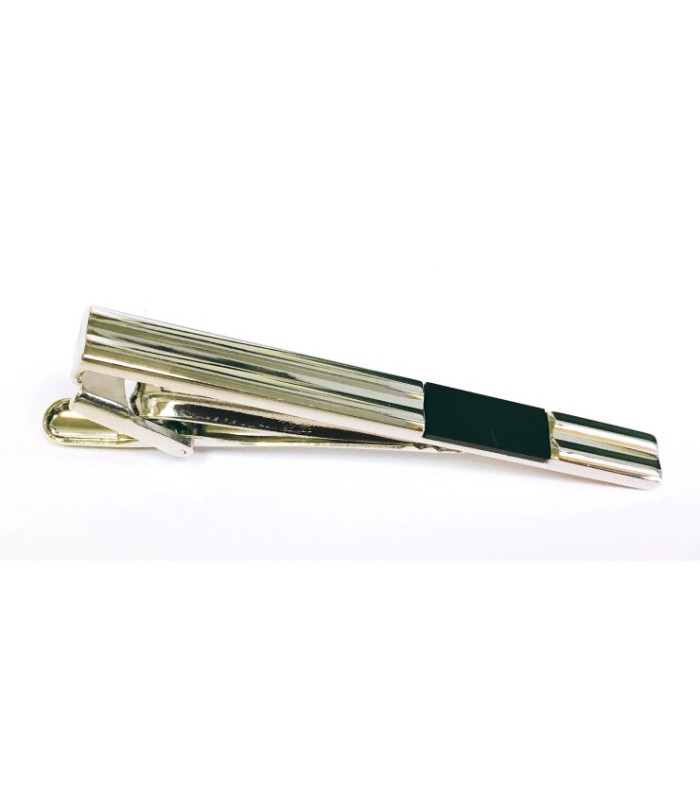 Pasador de Corbata Silver Tie Clip with Groove and Black Insert
