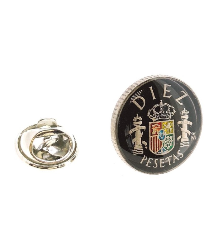 Pin de Solapa Moneda Original Pintada a Mano 10 Pesetas Negra