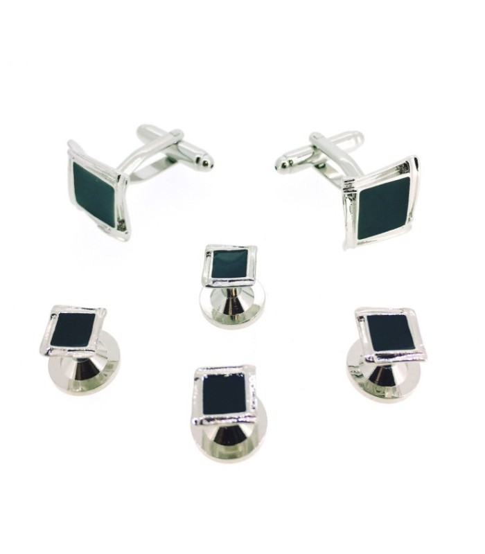 Stud Set Botones de Esmoquin y Gemelos Black Square Stone on Steel