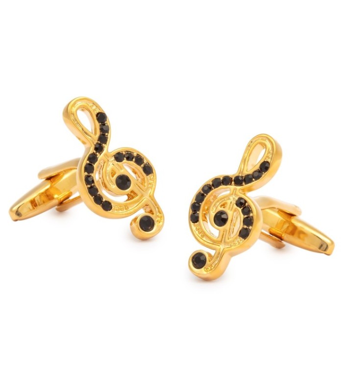 Gemelos de Camisa Clave de Sol dorados con brillantes negros 25x13mm