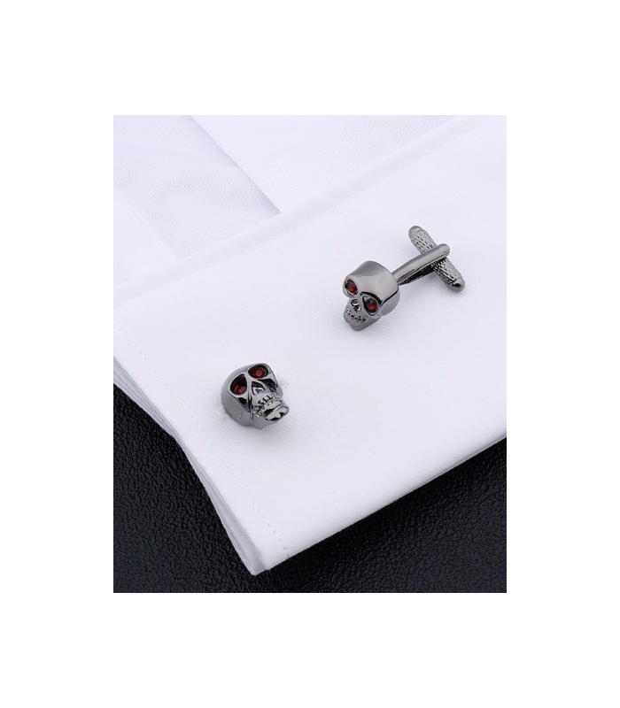 Gemelos para camisa Calavera Acero negro y Ojos de Cristal rojo