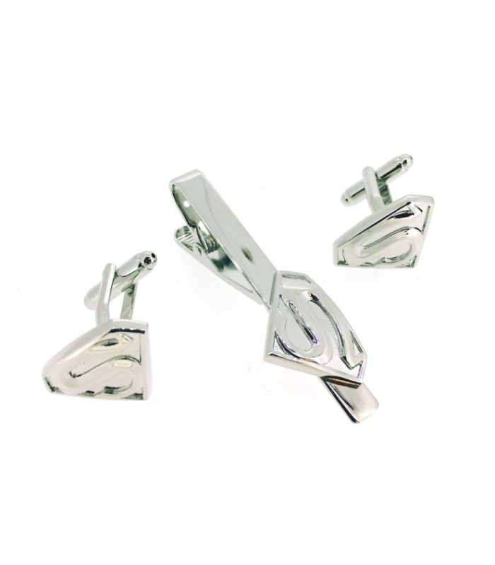 Pack Pasador de Corbata Gemelos para Camisa Superman Plateado