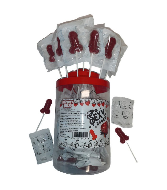 DIABLO PICANTE - BOTE 50 PIRULETAS PITO CARAMELO FRESA Y CEREZA (50 UNIDADES)