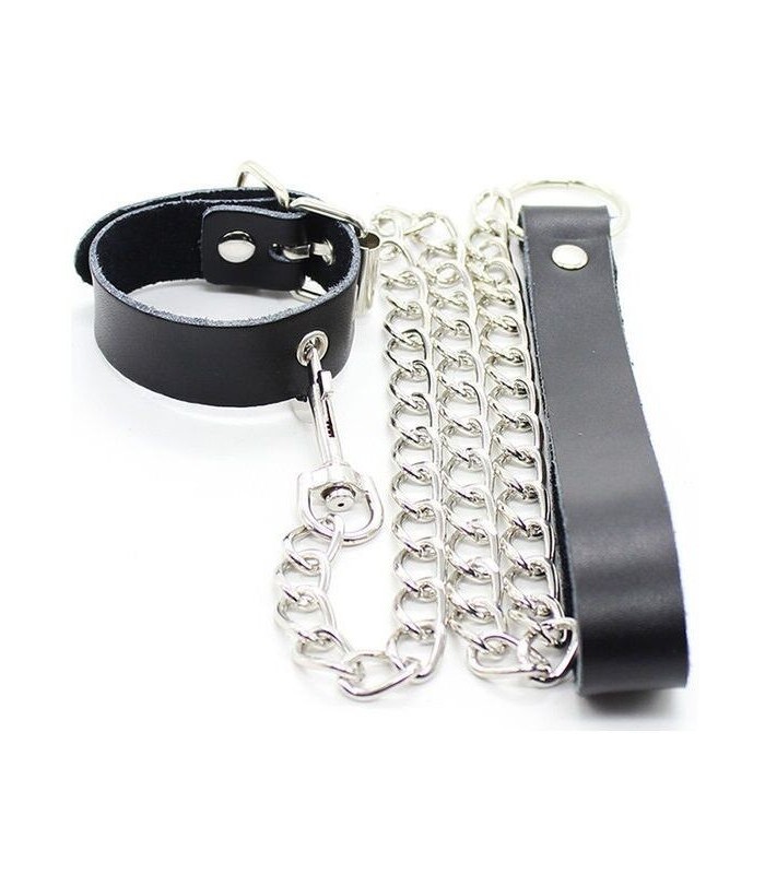 OHMAMA FETISH - COLLAR PARA PENE Y CORREA PIEL CON CADENA METALICA