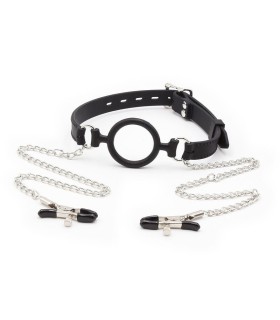OHMAMA FETISH - MORDAZA DE ANILLA CON CADENAS Y PINZAS PEZONES