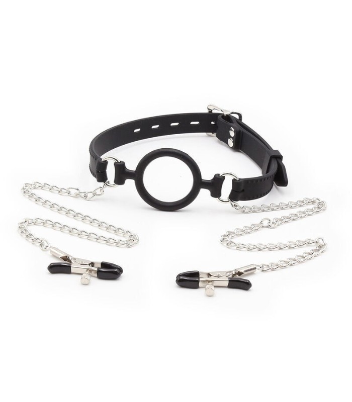 OHMAMA FETISH - MORDAZA DE ANILLA CON CADENAS Y PINZAS PEZONES