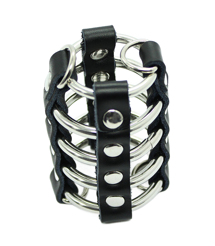 OHMAMA FETISH - JAULA PENE CON ANILLAS METALICAS Y CORREAS PIEL