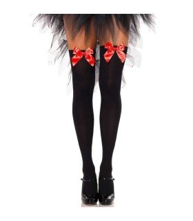 LEG AVENUE - MEDIAS ALTAS NEGRAS CON LACITO ROJO TALLA UNICA