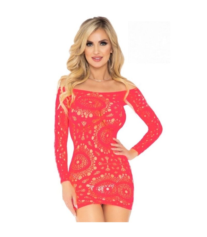 LEG AVENUE - MINI VESTIDO DE ENCAJES MANGA LARGA CORAL TALLA UNICA