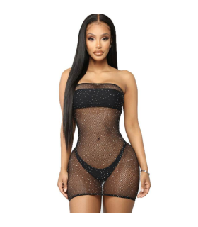 QUEEN LINGERIE - VESTIDO CUERPO DE RED CON BRILLANTES S/L