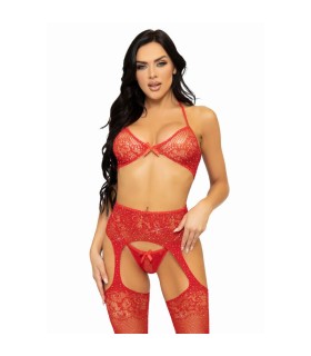 LEG AVENUE - SET TRES PIEZAS SUJETADOR, TANGA Y MEDIAS TALLA UNICA - ROJO