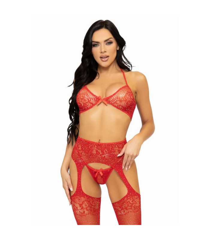 LEG AVENUE - SET TRES PIEZAS SUJETADOR, TANGA Y MEDIAS TALLA UNICA - ROJO