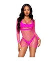 LEG AVENUE - VESTIDO DE REJILLA MANGA LARGA FUCSIA TALLA ÚNICA
