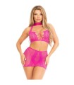 LEG AVENUE - TOP & FALDA DE ENCAJE ABIERTO FUCSIA