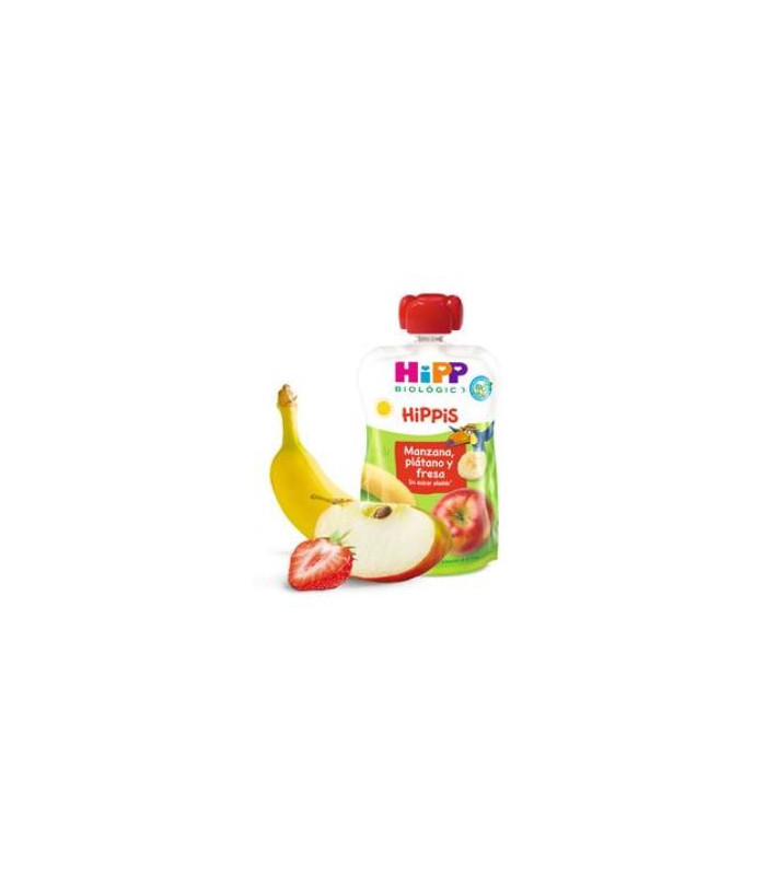POUCHES DE MANZANA PLATANO Y FRESA bebibles 100gr