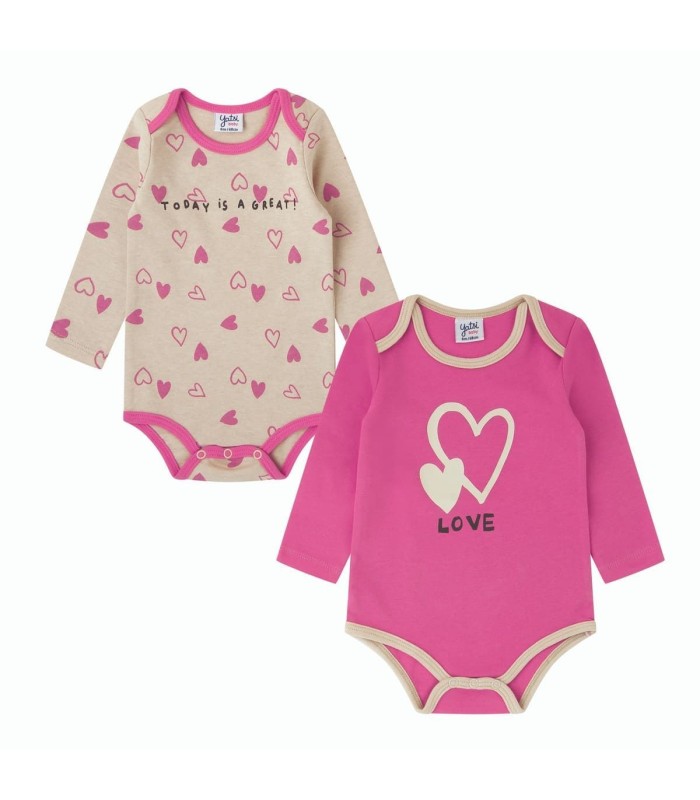 Pack 2 Body Niña "Love" - Rosa y Gris, Tallas 1 a 24 Meses