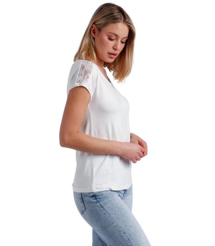 Camiseta Mujer Manga Corta Blanco Puntilla Hombro 43486 Admas