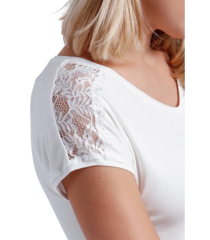 Camiseta Mujer Manga Corta Blanco Puntilla Hombro 43486 Admas