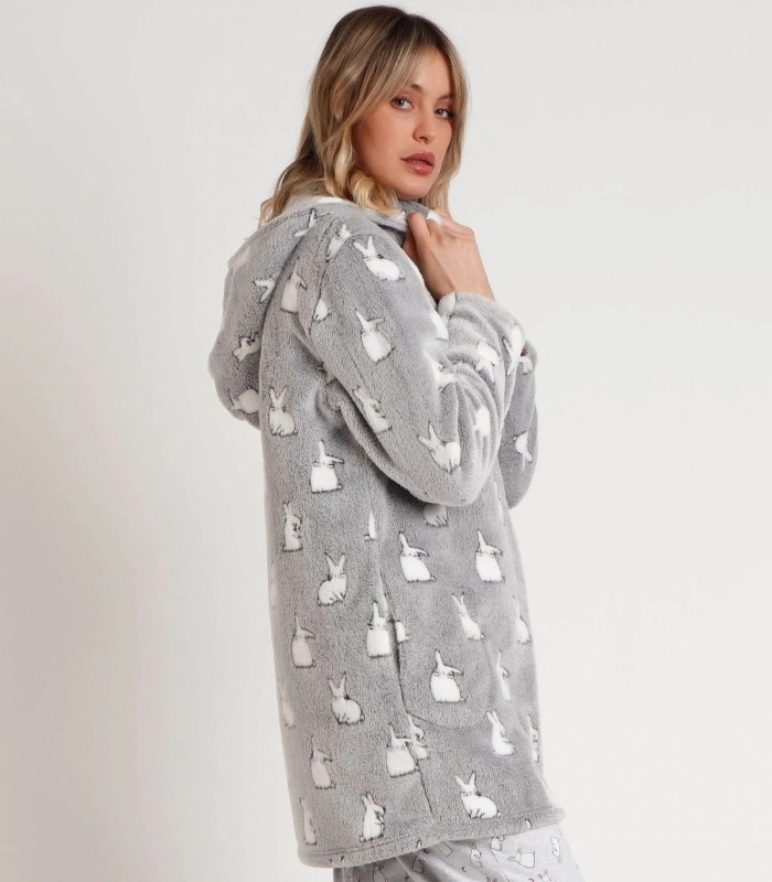 Bata Calentita ADMAS Bunnies On The Moon - Manga Larga Gris con Capucha y Cremallera