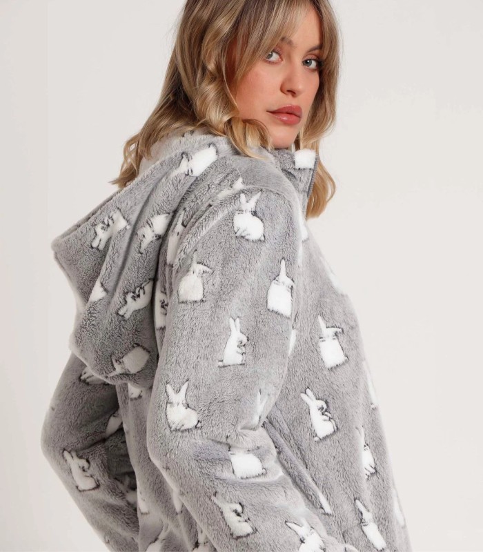 Bata Calentita ADMAS Bunnies On The Moon - Manga Larga Gris con Capucha y Cremallera