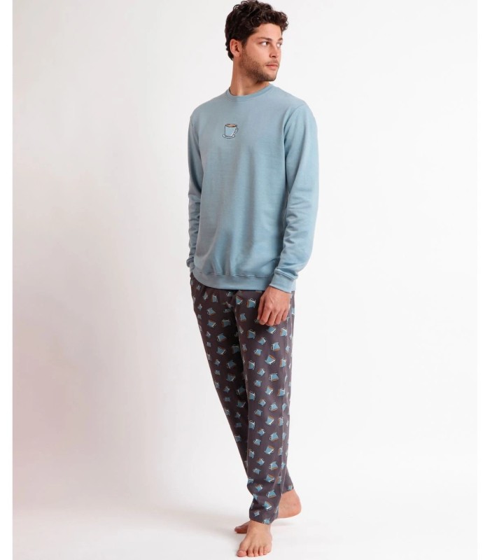Pijama DIVER Manga Larga Coffee A para Hombre - Azul con Detalles Bordados