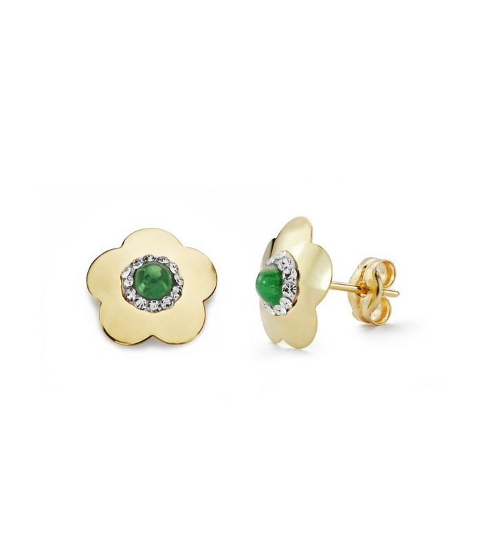 Pendientes Mujer Oro 18 ktes Flor Piedra Verde - 000150626