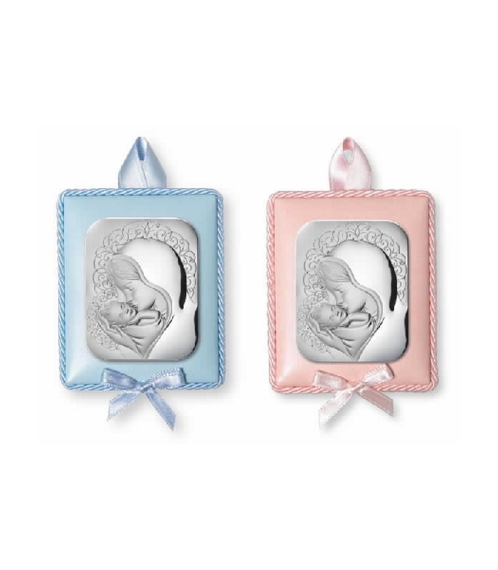 Medallón de Cuna Niña Plata Bilaminada Tamaño 7 x 9 cm Virgen y Niño Rosa - 000520070