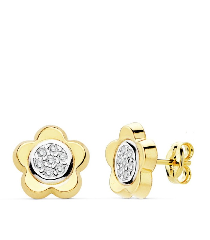 Pendientes Mujer Oro Bicolor 18 ktes Flor 10 mm - 000150754